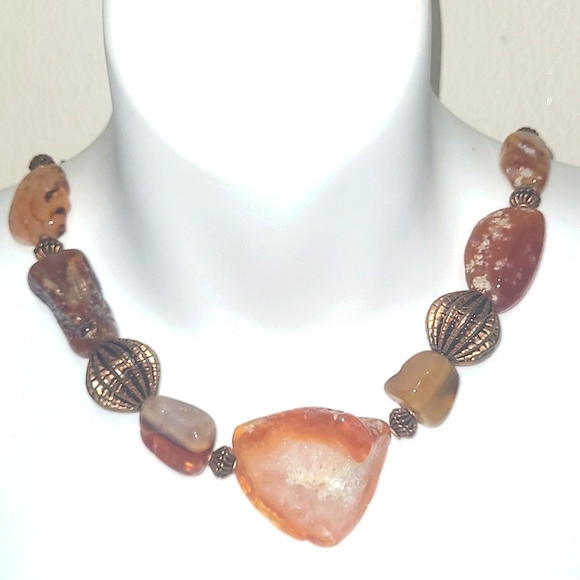 20" Necklace Red Agate Nuggets Copper Bead - Picture 1 of 3